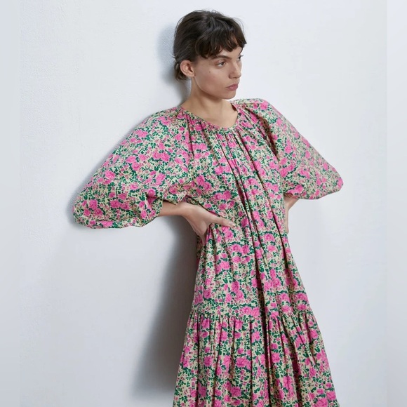 Zara Voluminous Pink and Green Floral Puff Sleeve Dress Size S - Picture 15 of 16